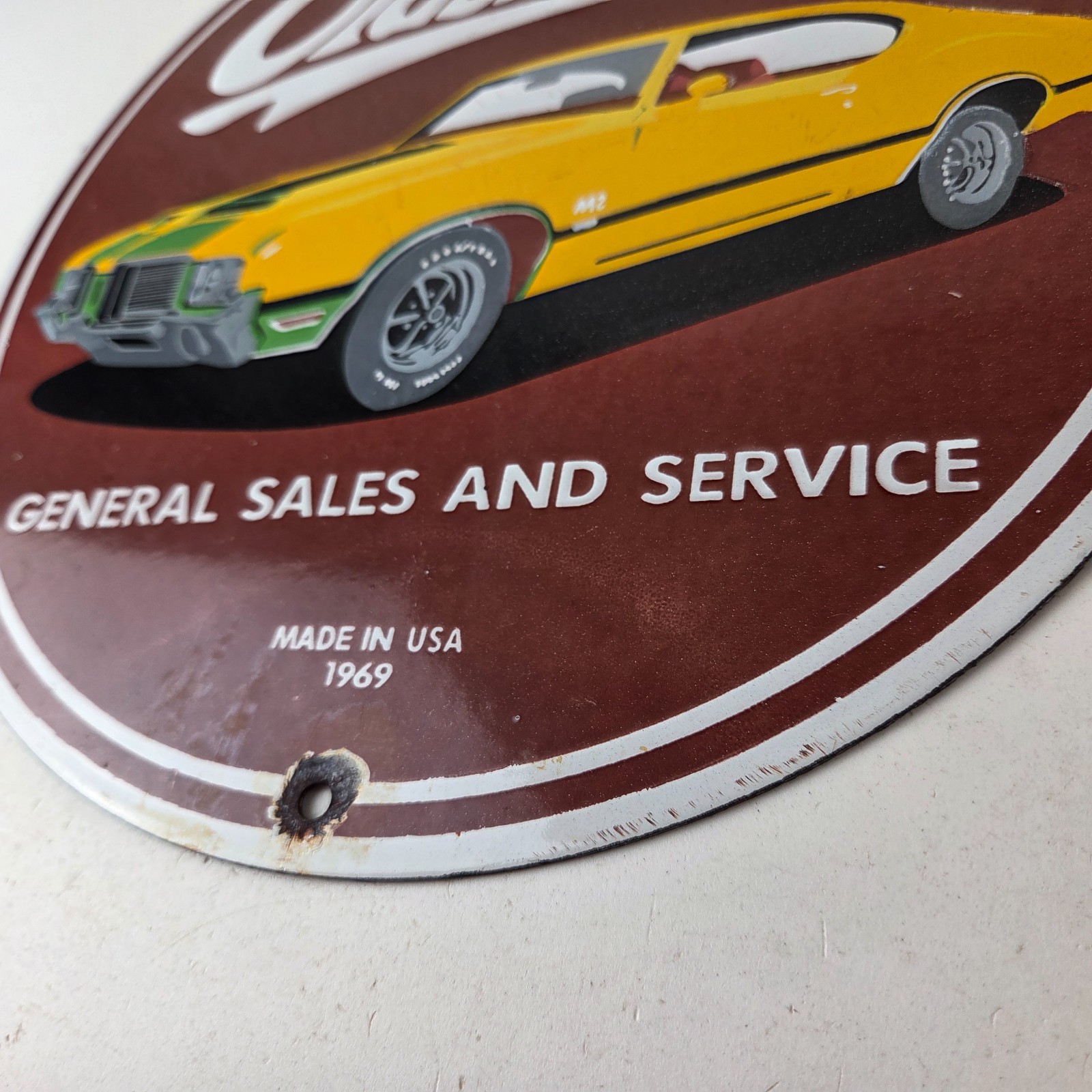 Vintage Oldsmobile General Sales Sign – Gas Pump Automobiles Porcelain Sign