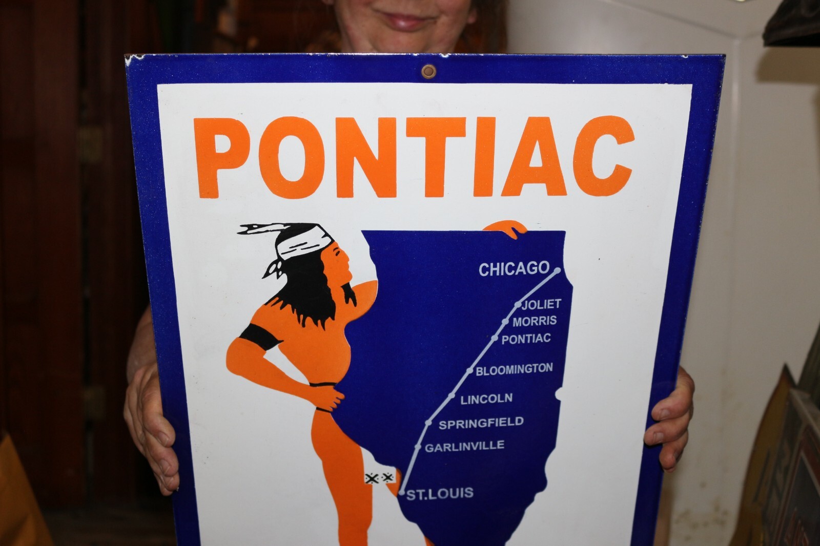 Rare Pontiac Trail Chicago St Louis Pre Route 66 Indian 24″ Porcelain Road Sign