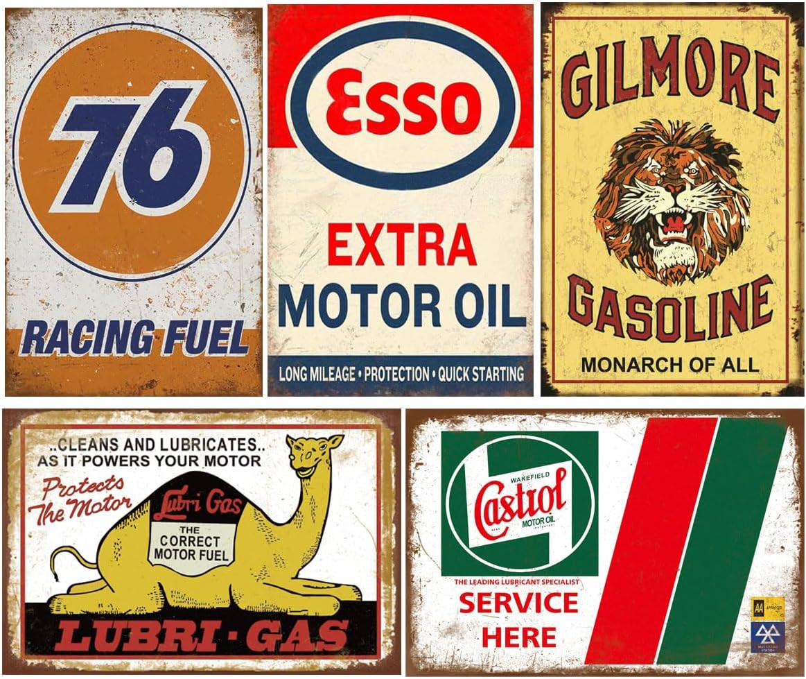 Reproduced Vintage Tin Sign Pack, Gas Oil Retro Advert Antique Metal Signs for G