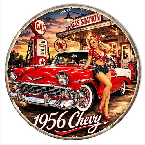 Vintage Style Metal Sign Gas Oil 1956 Chevy Pinup 18×18 Made USA
