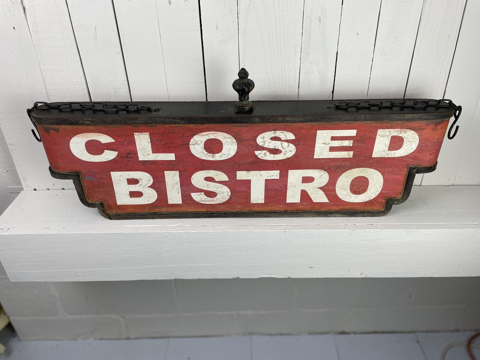 DOUBLE SIDED METAL BISTRO SIGN LARGE 34″ RETRO REPRO RED BLACK WHITE AGED BEAUTI
