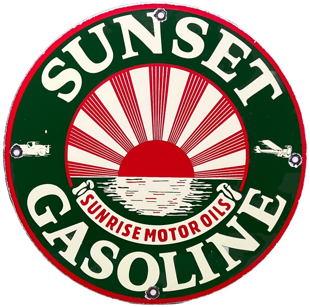 VINTAGE SUNSET GASOLINE PORCELAIN SIGN SERVICE GAS STATION SUNRISE MOTOR OIL