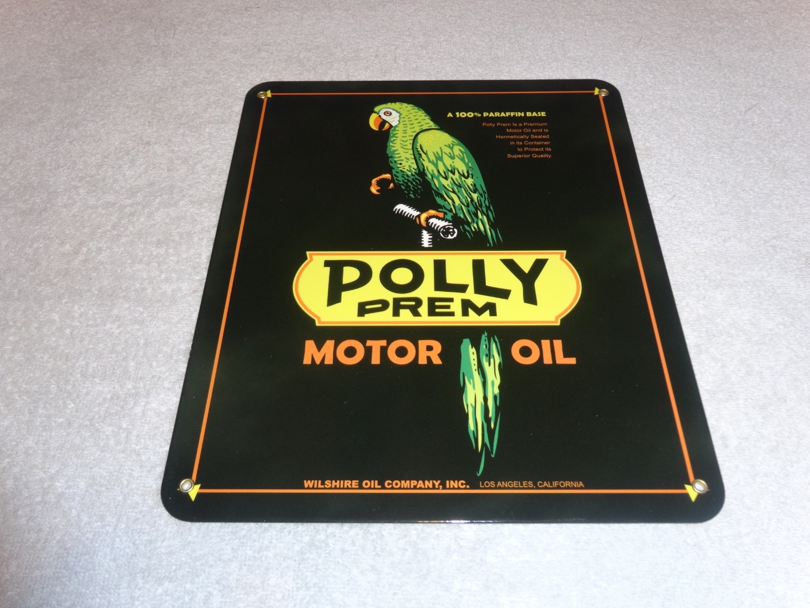 VINTAGE POLLY PREMIUM GASOLINE PARROT 12.5″ PORCELAIN METAL WILSHIRE CA OIL SIGN