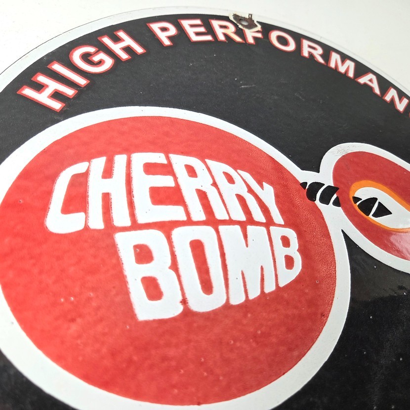 Vintage Cherry Bomb Sign – Auto Mechanic Exhaust Gas Pump Hot Rod Porcelain Sign