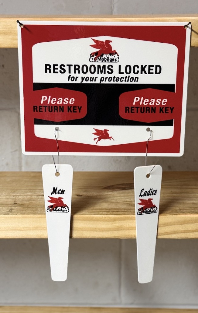 MOBILGAS GASOLINE RESTROOMS KEY HANGER WITH FOBS GAS OIL GARAGE STATION SIGN