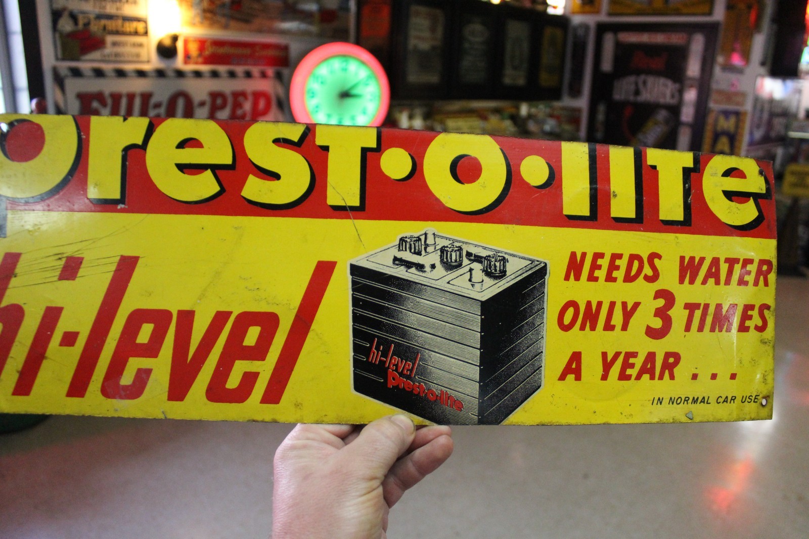 RARE 1950s PREST-O-LITE BATTERY PAINTED METAL DEALER SIGN SNOWMOBILE FUEL BACK