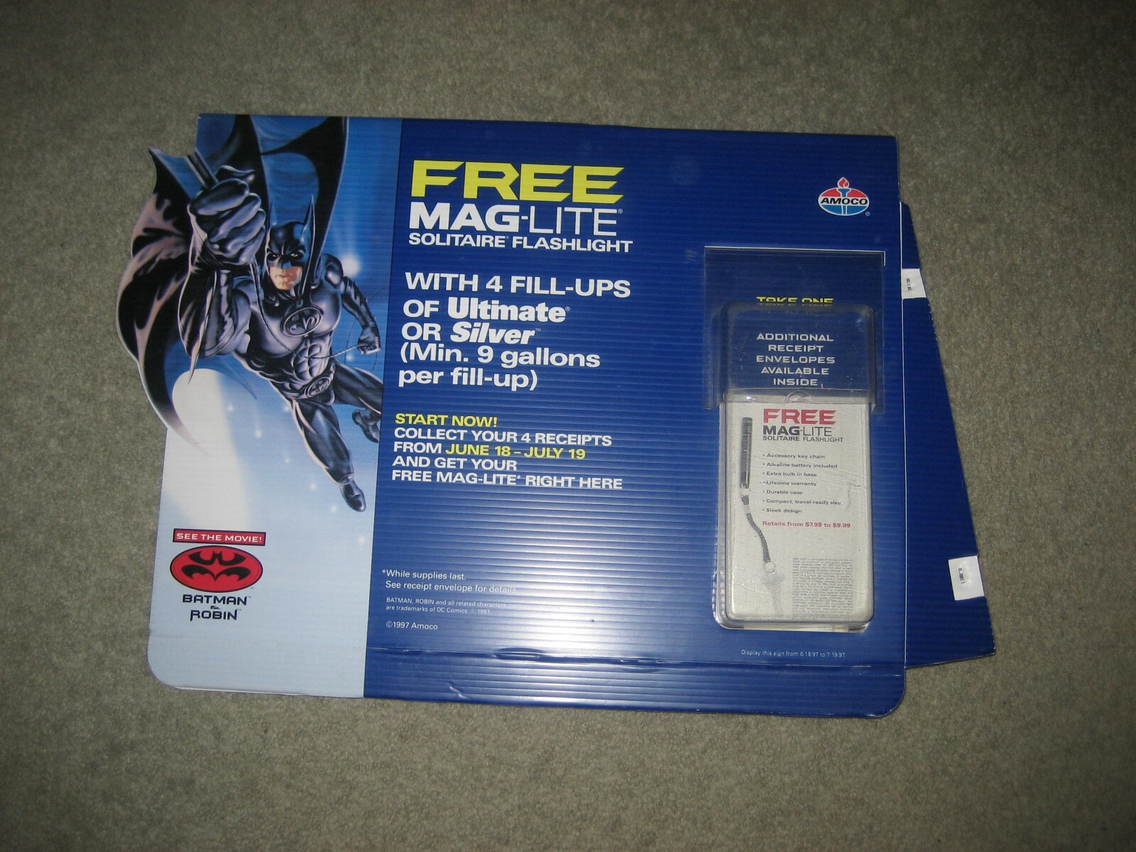 1997 Batman & Robin Movie Amoco Gas Promotional Sign 30″ x 24″ Batman Mag-Lite