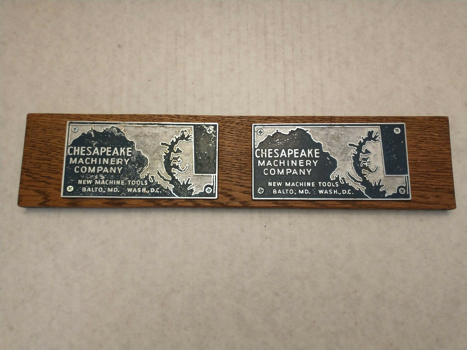 Chesapeake Machinery Co. 2 Small Vintage Metal Signs on Wood Baltimore, MD