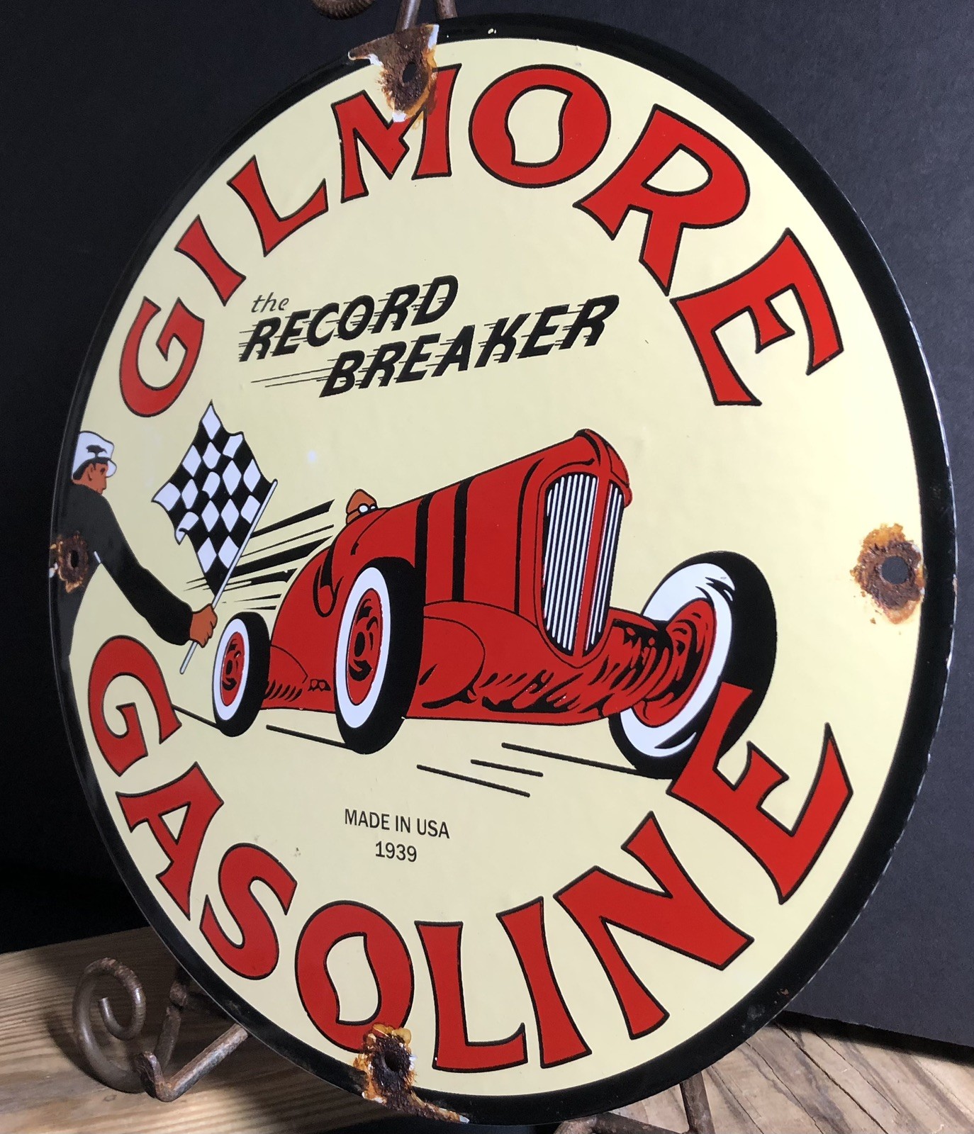 VINTAGE 1939 DATED GILMORE GASOLINE RECORD BREAKER PORCELAIN GAS OIL SIGN