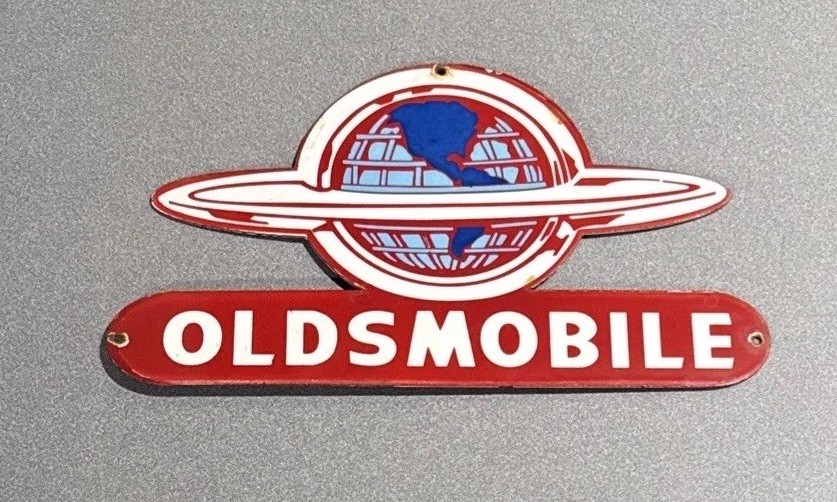 VINTAGE 14” OLDSMOBILE WORLD GLOBE PORCELAIN SIGN CAR GAS TRUCK OIL MOTORCYCLE