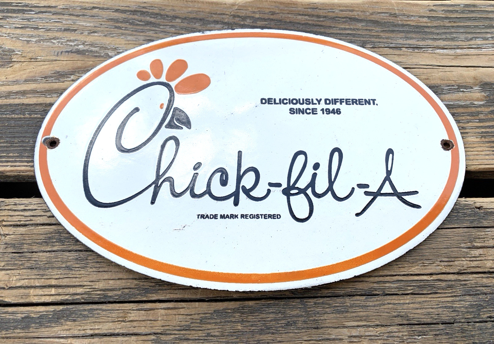 VINTAGE CHICK-FIL-A 10×6.5″ FAST FOOD SODA POP GASOLINE PORCELAIN MOTOR OIL SIGN