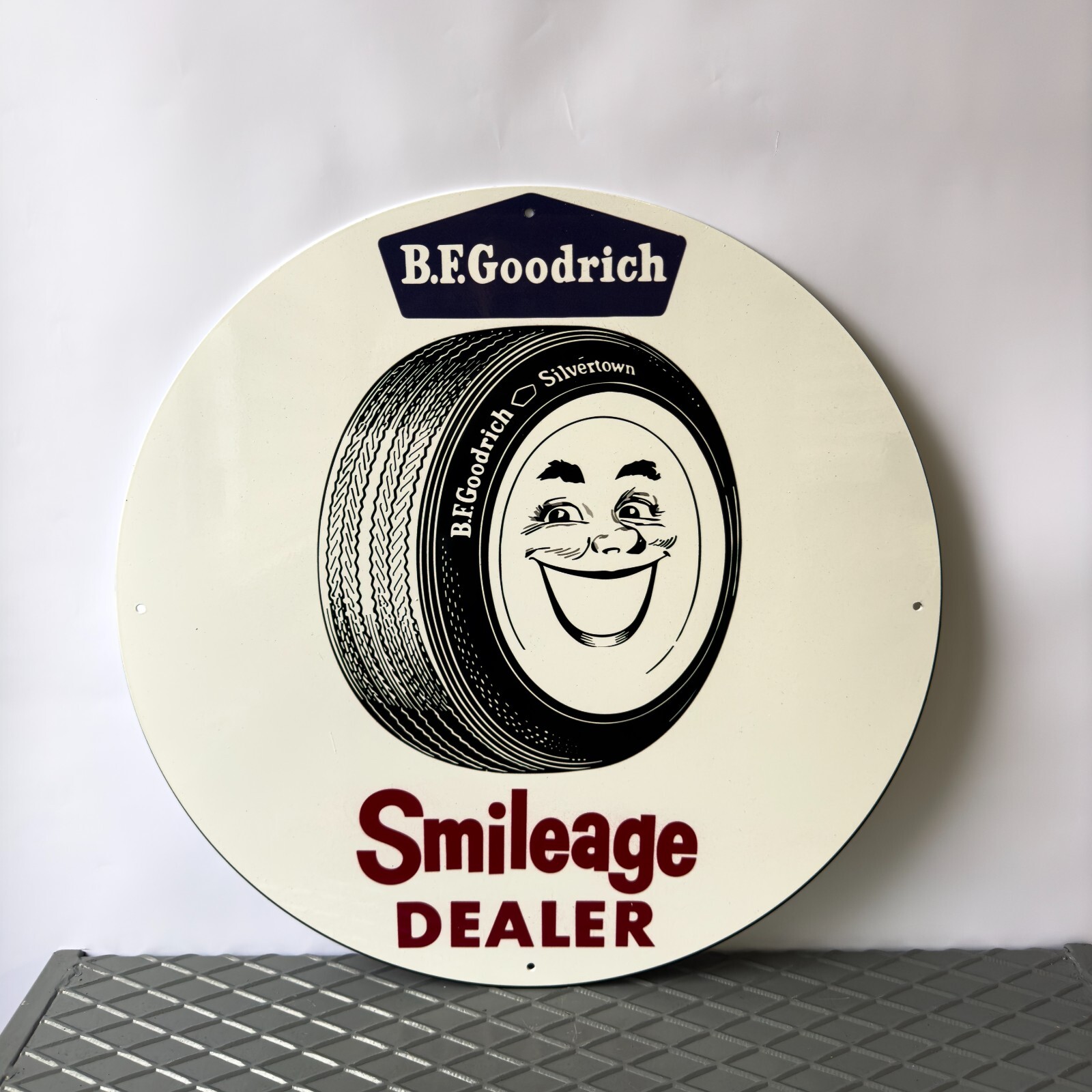 Vintage B.F. Goodrich Smileage Dealer Sign • Tire Garage Sign • 19.7″ (50cm)