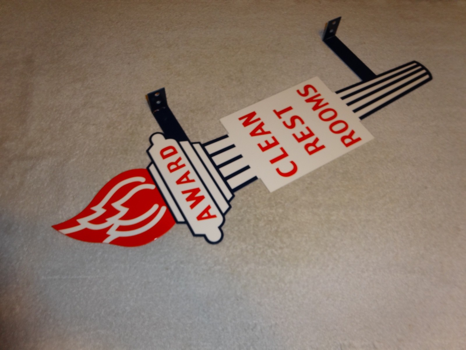 VINTAGE STANDARD GASOLINE TORCH CLEAN RESTROOM HUGE 2′ METAL AWARD BATHROOM SIGN