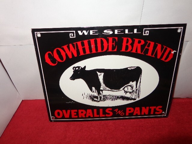 12 x 9 in COWHIDE BRAND OVERALLS & PANTS ADV. SIGN HEAVY DIE CUT METAL # S 165