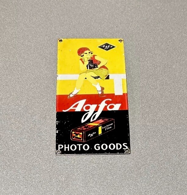 VINTAGE 12” AGFA FILM PHOTO PHOTOGRAPHY PORCELAIN SIGN CAR GAS OIL TRUCK