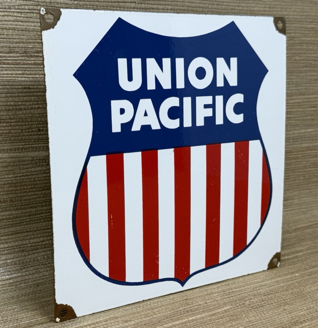 VINTAGE UNION PACIFIC PORCELAIN SIGN TRAIN STATION GAS OIL RAILROAD FREIGHT