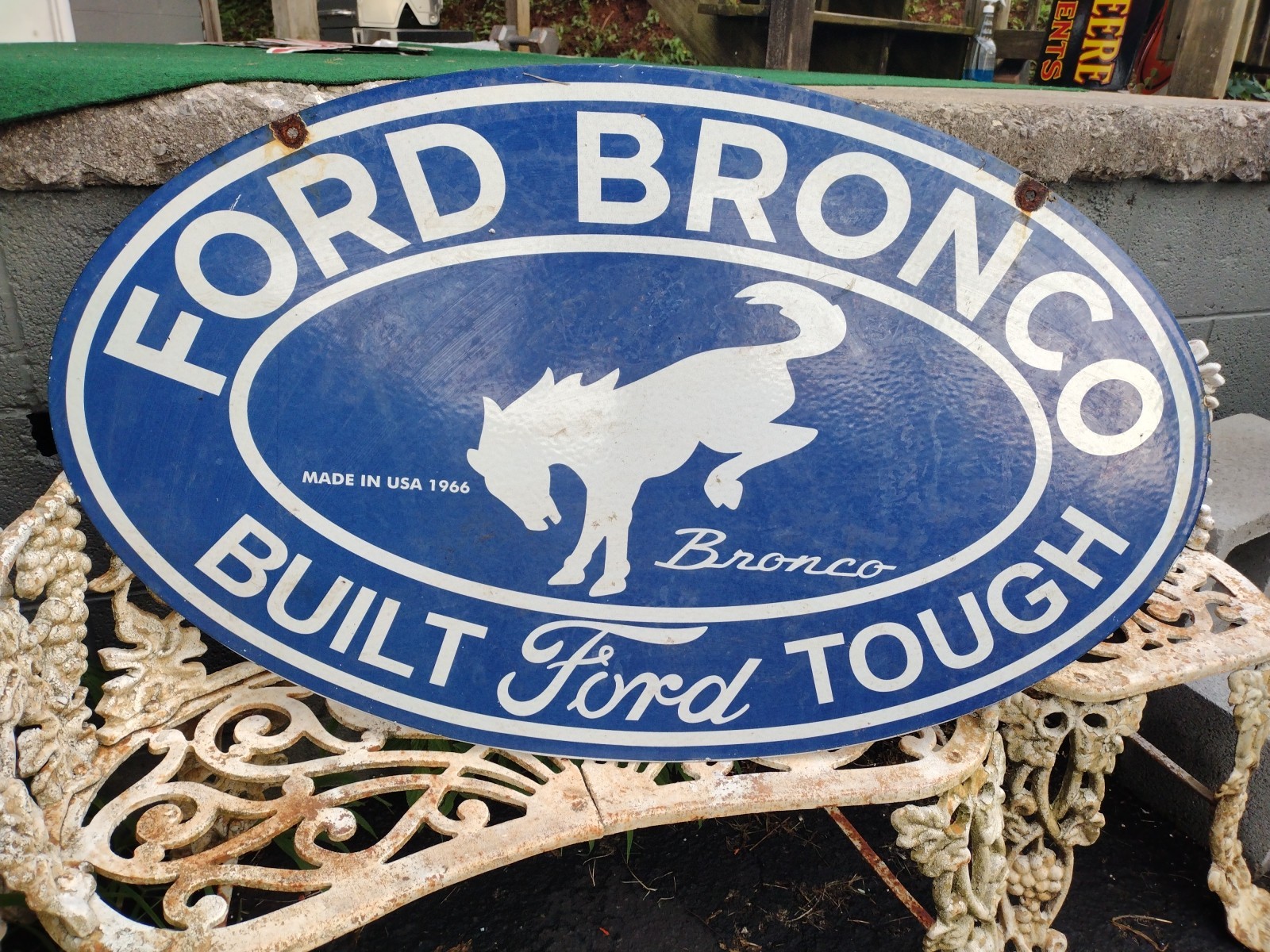 Vtg Dated 1966 Ford Bronco Built Tough 4WD Truck 3FT Porcelain Metal Dsp Sign