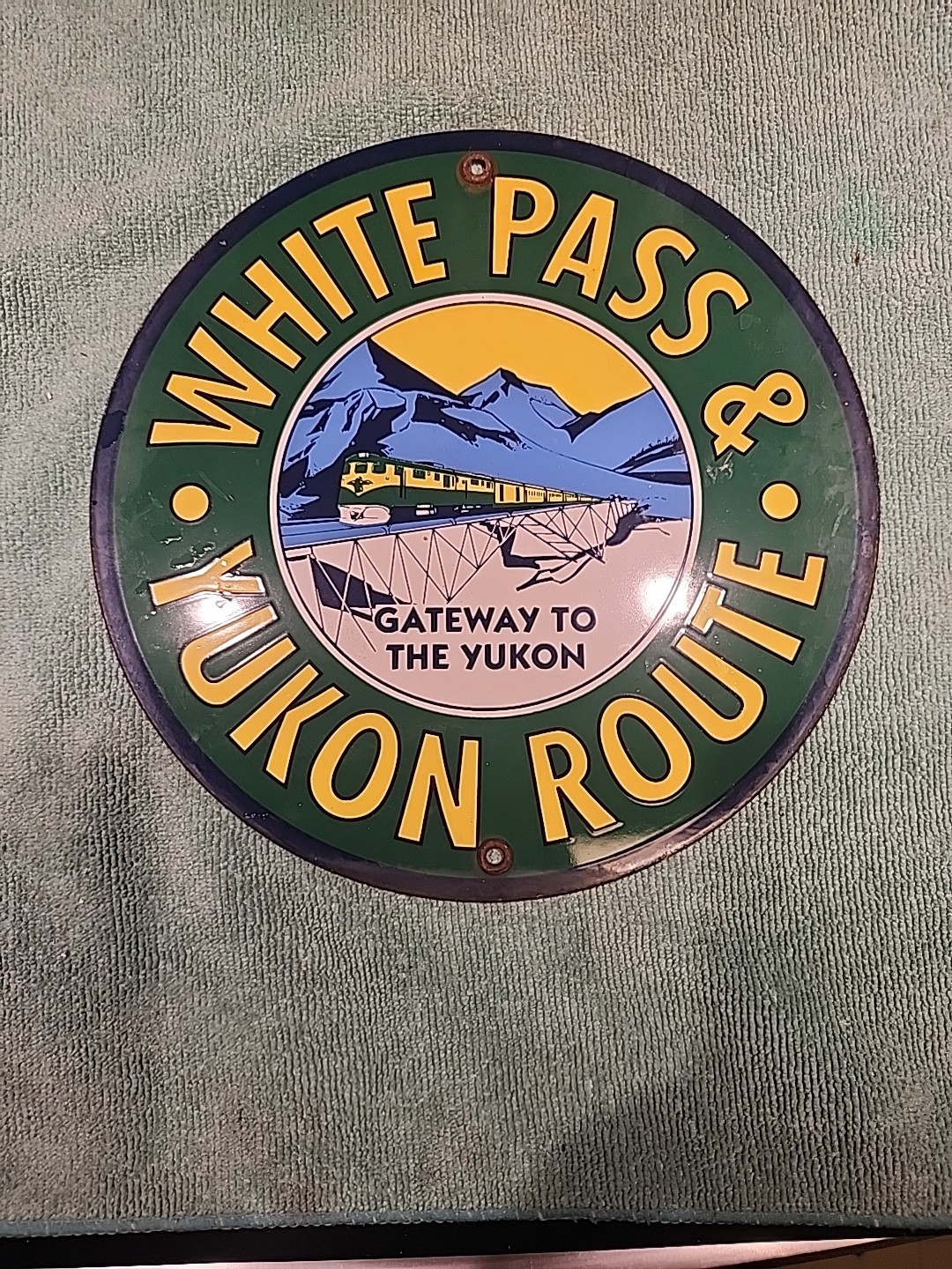VINTAGE WHITE PASS & YUKON ROUTE PORCELAIN SIGN TRAIN STATION RAIL ROAD GAS OIL