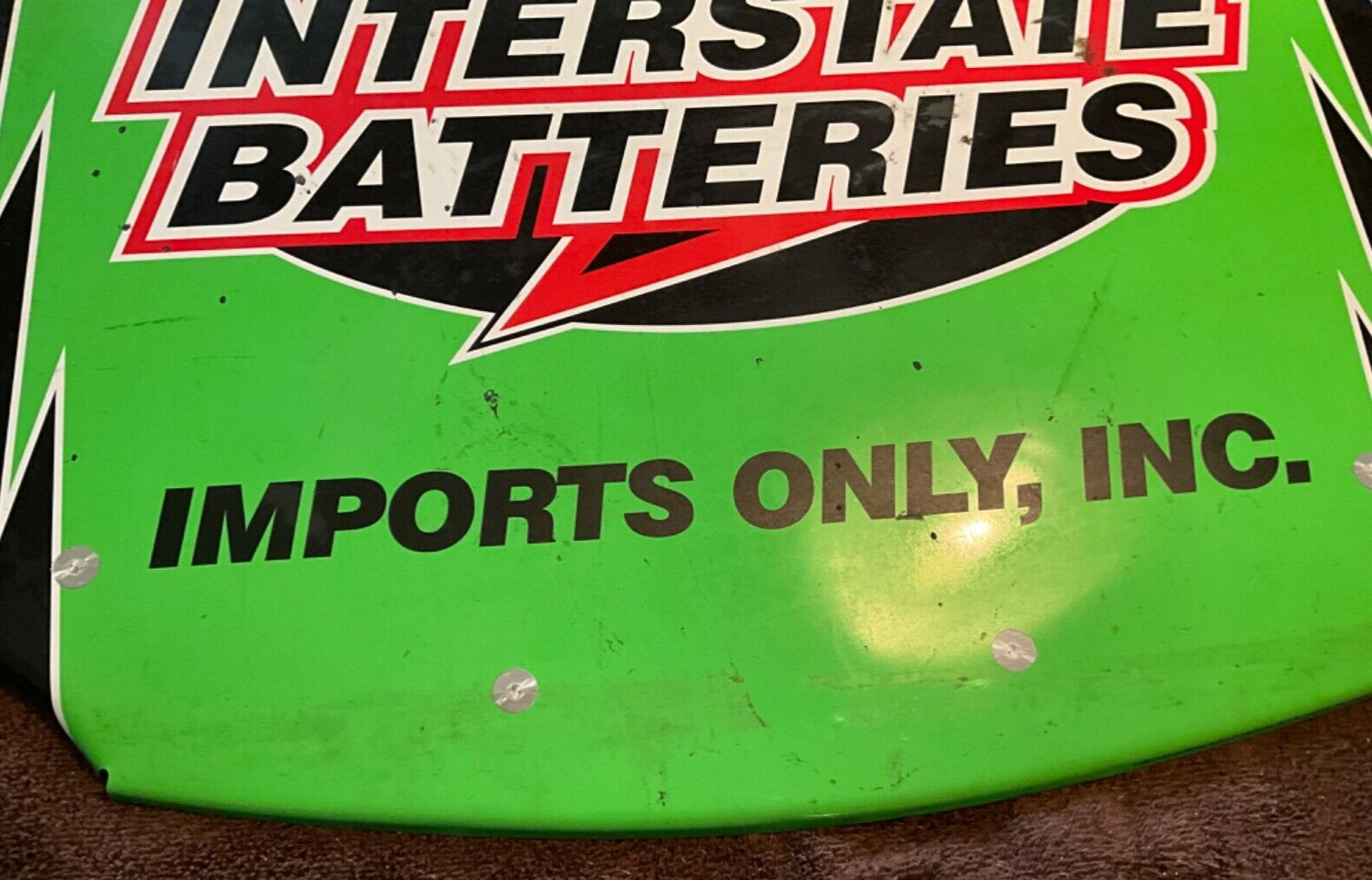 Interstate Batteries Metal SIGN Race Car Hood “IMPORTS ONLY” 29” x 23” USED
