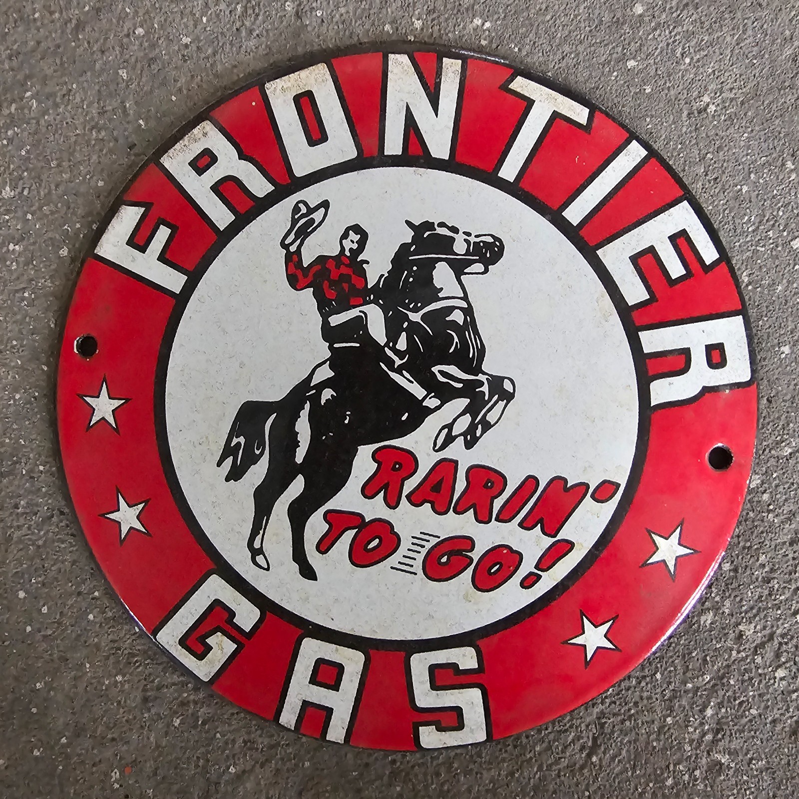 VINTAGE FRONTIER RARIN TO GO OLD US GASOLINE OIL GAS PUMP ENAMEL PORCELAIN SIGN