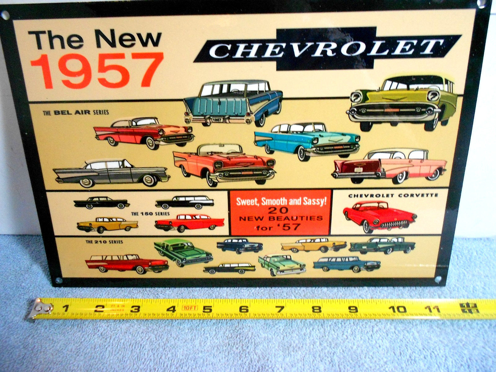 VINTAGE CHEVROLET “NEW BEAUTIFUL 1957 CHEVY’S 12” GAS OIL ADVERTISING SIGN METAL