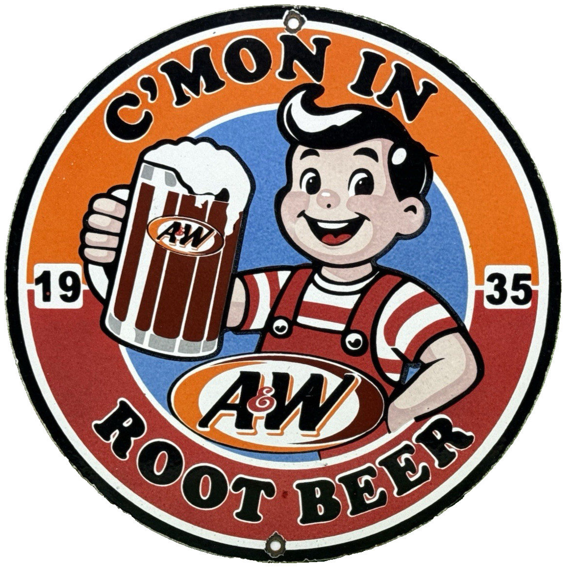 VINTAGE A & W “M-M-M GOOD!” PORCELAIN SIGN DENNIS THE MENACE ROOT BEER FLOAT