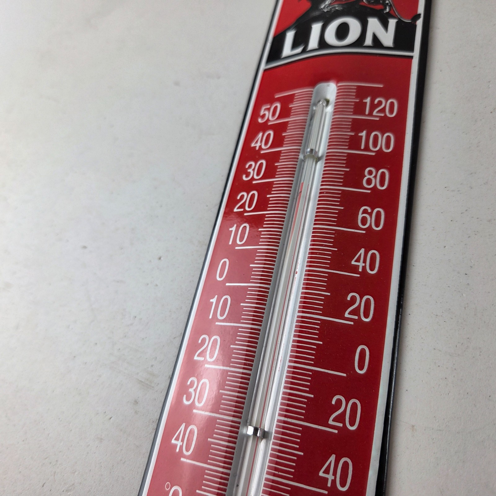 Vintage Lion Gas Sign – Service Station Pump Ad Sign on Porcelain Thermometer