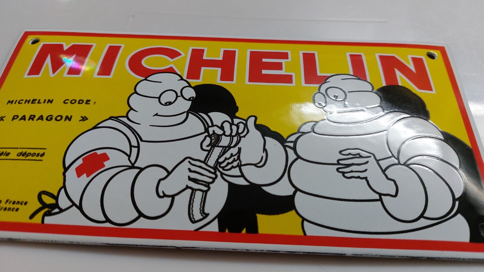 MICHELIN PARAGON TIRE FACTORY PORCELAIN DOOR ENAMEL GARAGE SIGN 10x20cm=4×8″
