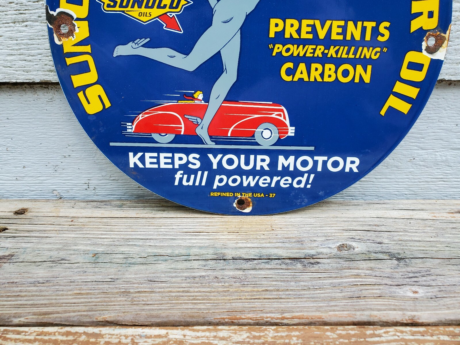 OLD SUNOCO MERCURY MADE MOTOR OIL PORCELAIN ENAMEL GAS PUMP STATION SIGN