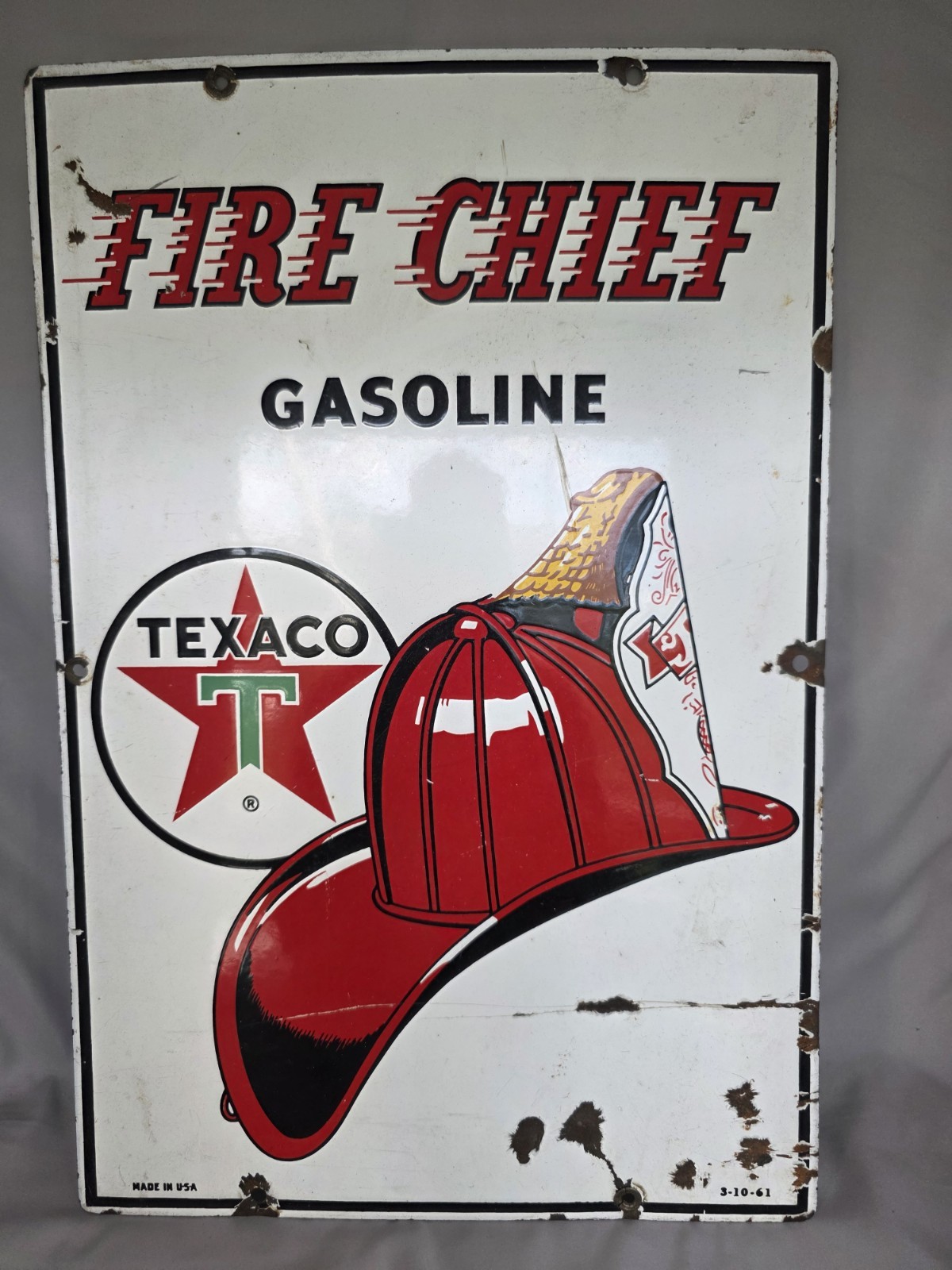 Vintage Rare 1961 Fire Chief Gasoline Porcelain Sign 12×18