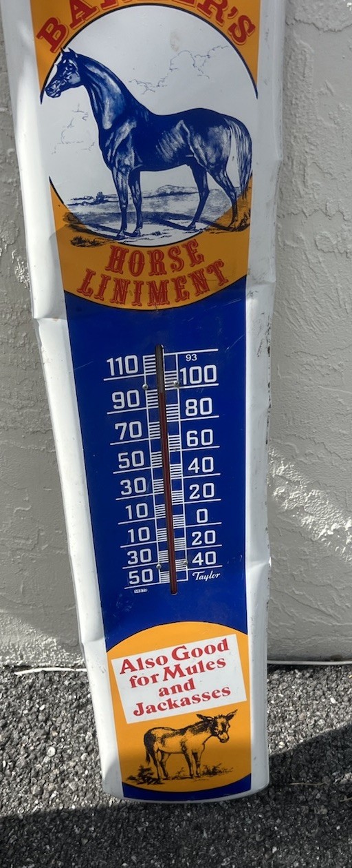 DR. BARKER’S Horse Liniment Metal Sign HORSE & DONKEY Thermometer 38”