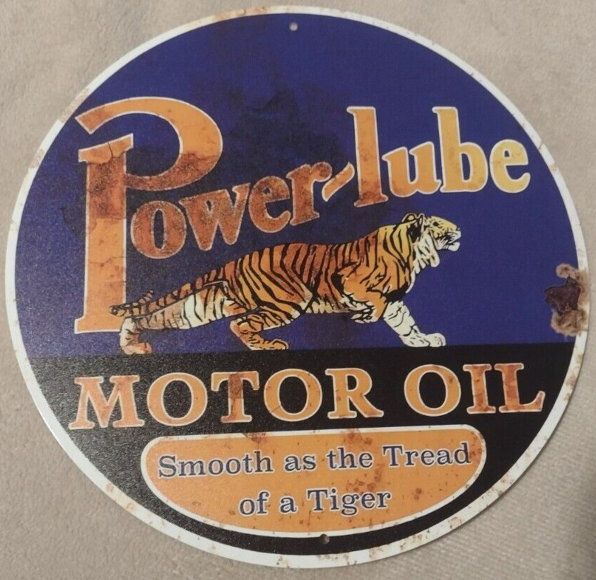 Powerlube Motor Oil “Smooth as a Tiger’s Tread” Rustic Look 8″ Round Alum Sign