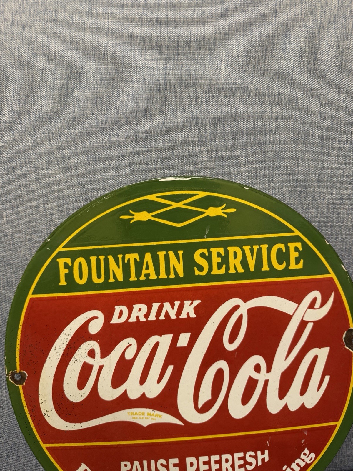 Vintage Coca Cola Fountain Service Porcelain Enamel Sign.