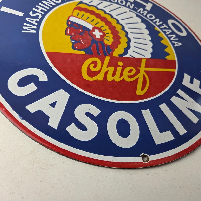 Vintage Idaho Gasoline Sign – Indian Chief Gas Motor Oil Pump Porcelain Sign