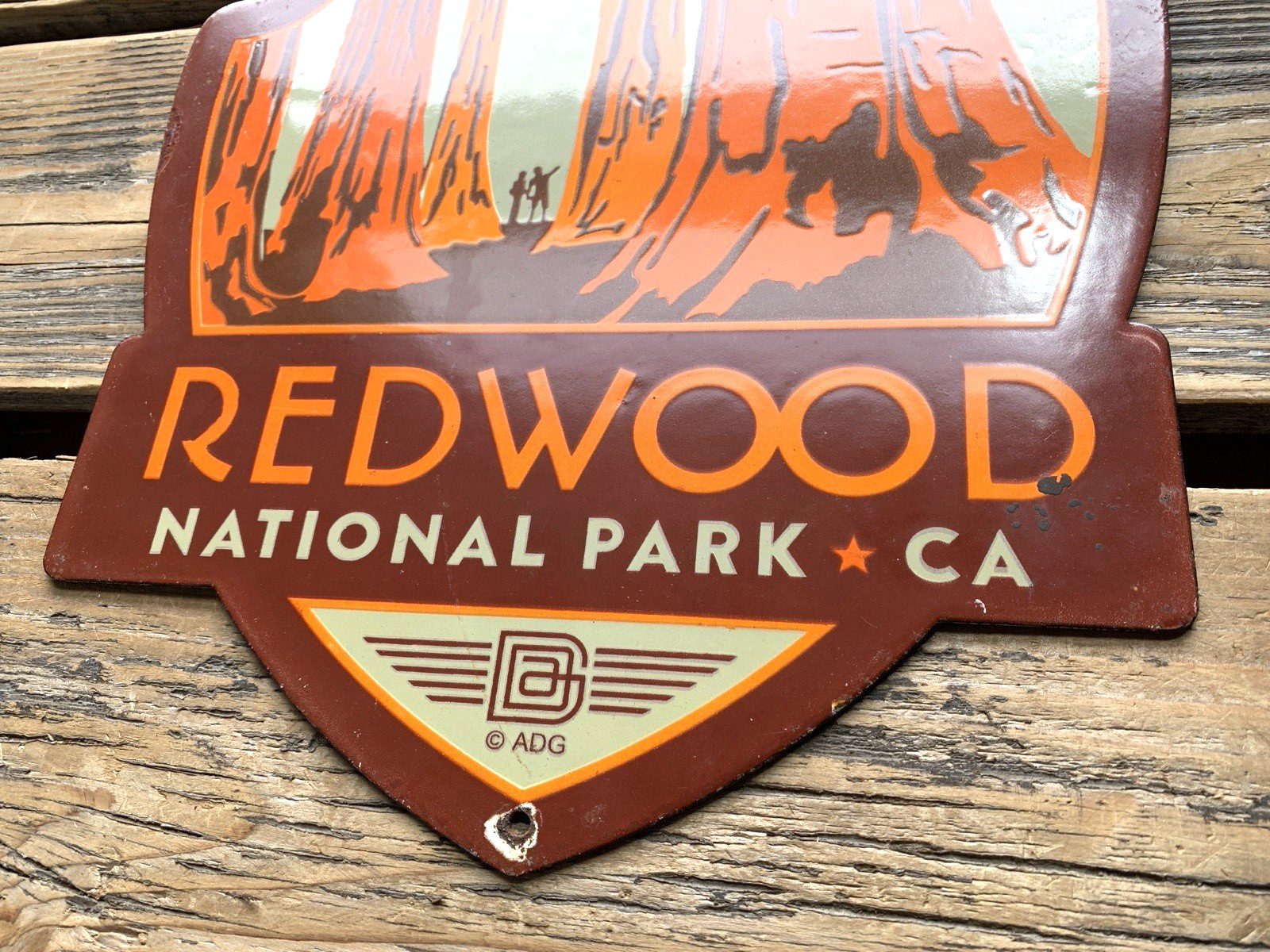 VINTAGE 12×11″ REDWOOD NATIONAL PARK CA PORCELAIN GASOLINE OIL PUMP STATION SIGN