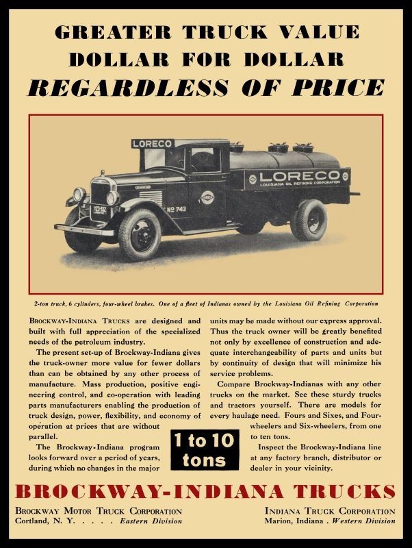 1930 Brockway Indiana Trucks- LORECO Gas Tanker NEW Garage Sign 30×40″ USA STEEL