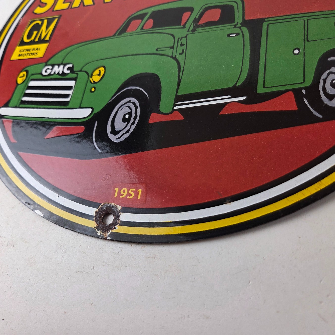 Vintage General Motors Sign – GMC Automobiles Trucks Gas Pump Ad Porcelain Sign