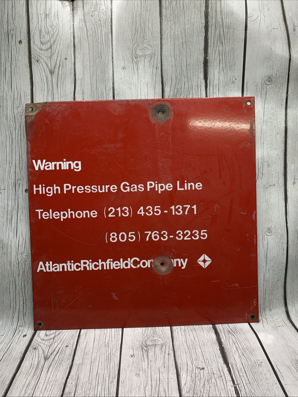 Vintage Atlantic Richfield Company ARCO Red Metal Pipeline Sign Bullet Holes