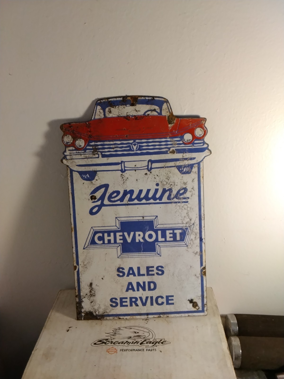 Porcelain Chevy Sign Approx 12″x7.5″ Inches Over Steel Service Station Garage