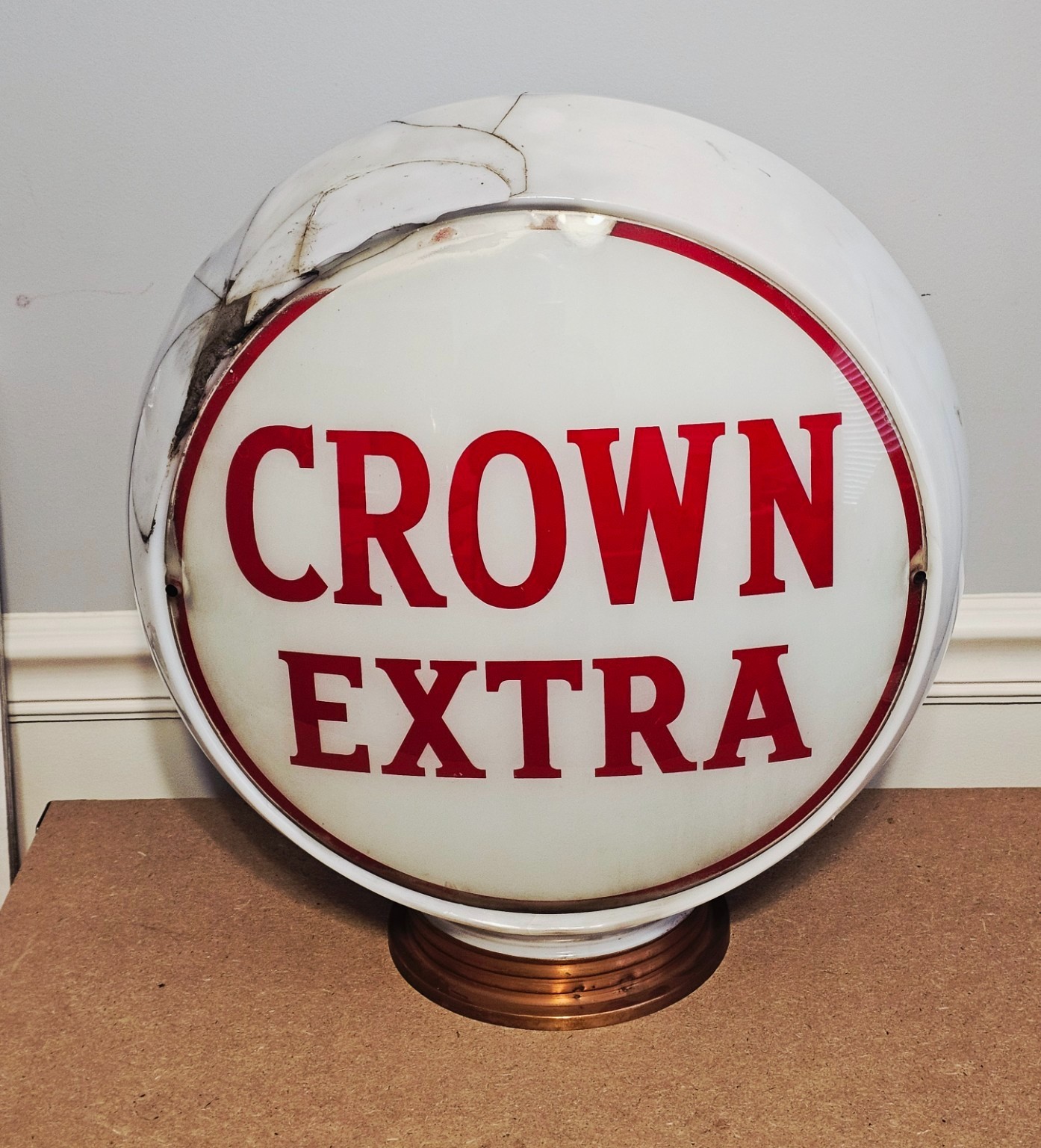 Crown Extra Gasoline Glass Globe – Original Vintage Oil Gas Station Sign Damaged