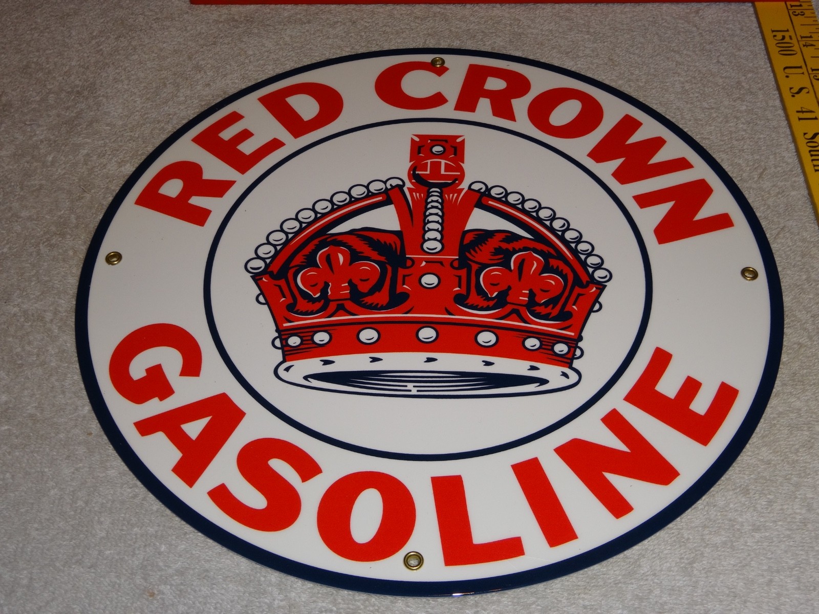 VINTAGE RED CROWN GASOLINE 11 3/4″ PORCELAIN METAL STANDARD STATION GAS OIL SIGN