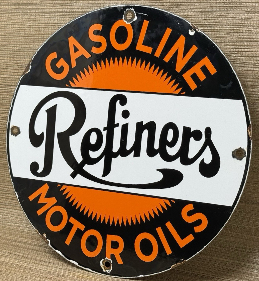 VINTAGE REFINERS MOTOR OIL PORCELAIN SIGN GENERAL GASOLINE GAS STATION