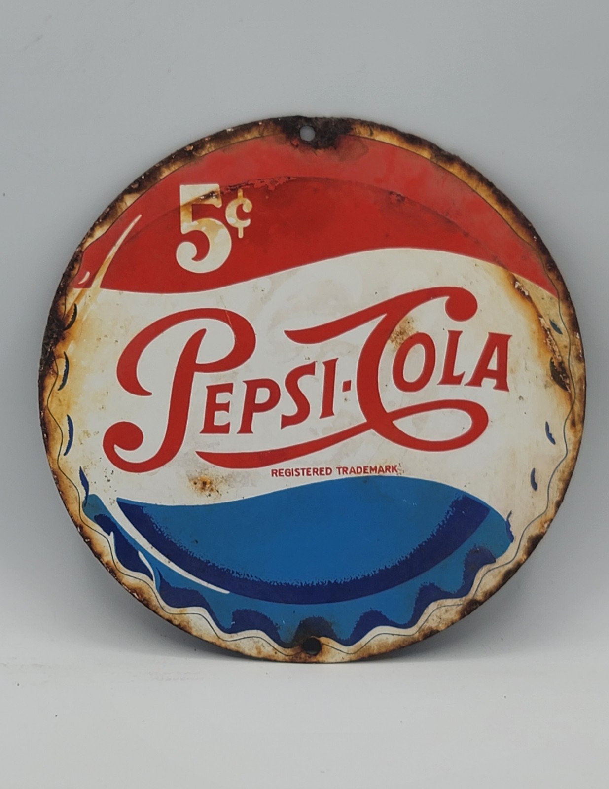 Vintage Distressed 8″ Pepsi Cola Rustic Weathered Porcelain Enameled Metal Sign