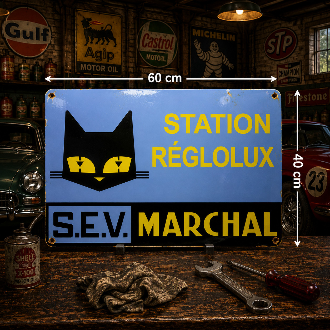 Marchal Station Réglolux Heavy Metal Sign – Garage Decor–60×40 cm (23.6” × 15.7)