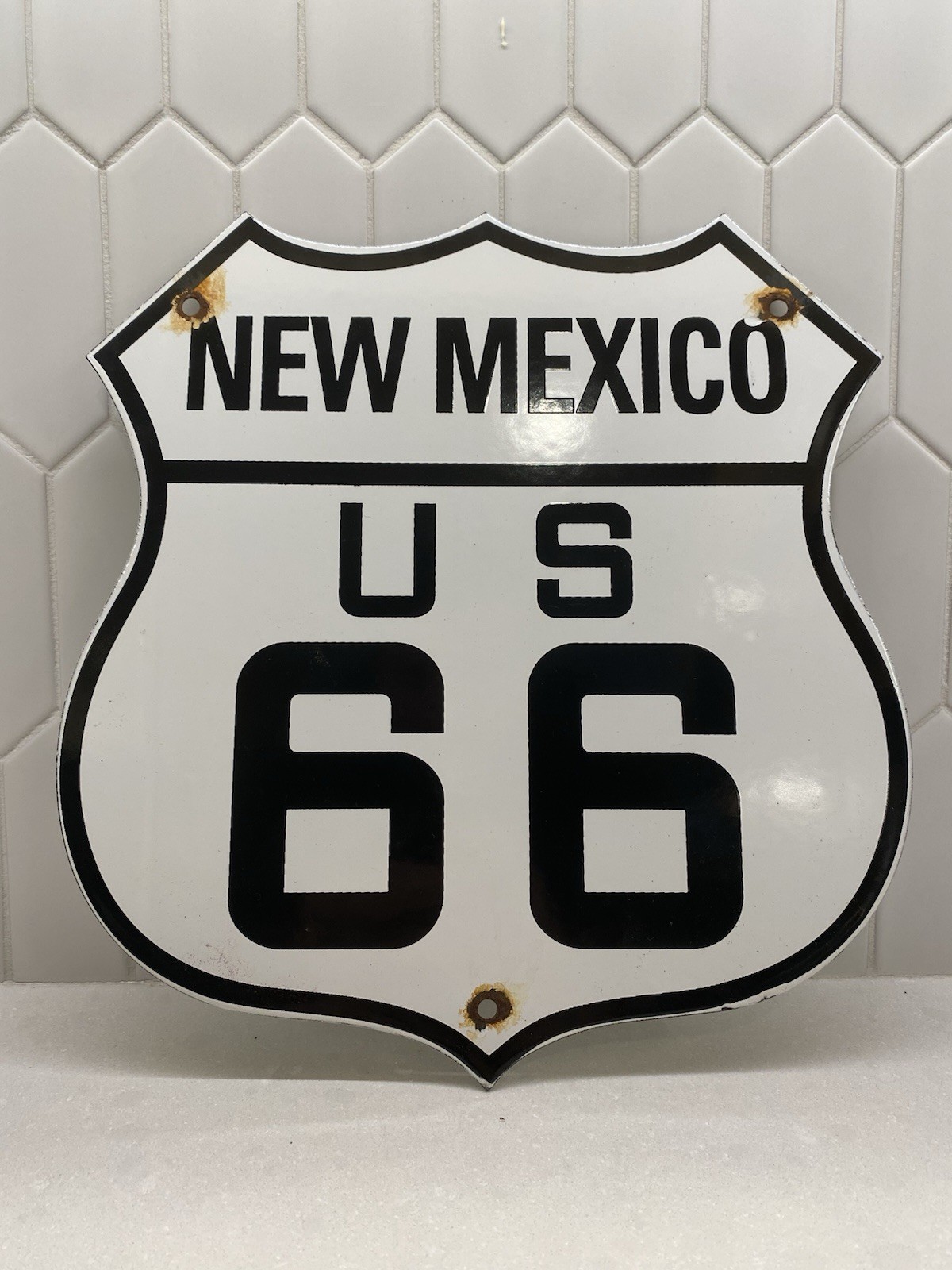 VINTAGE US ROUTE 66 NEW MEXICO PORCELAIN METAL HIGHWAY SIGN GAS SHIELD OIL ROAD