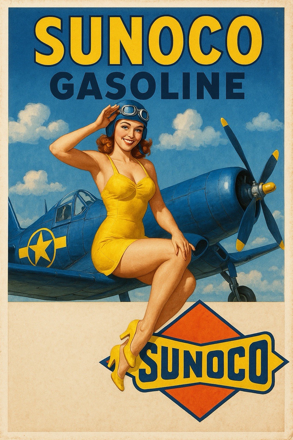 Sunoco Aviation Gasoline With Pinup Girl Vintage Bomber Style Metal Sign