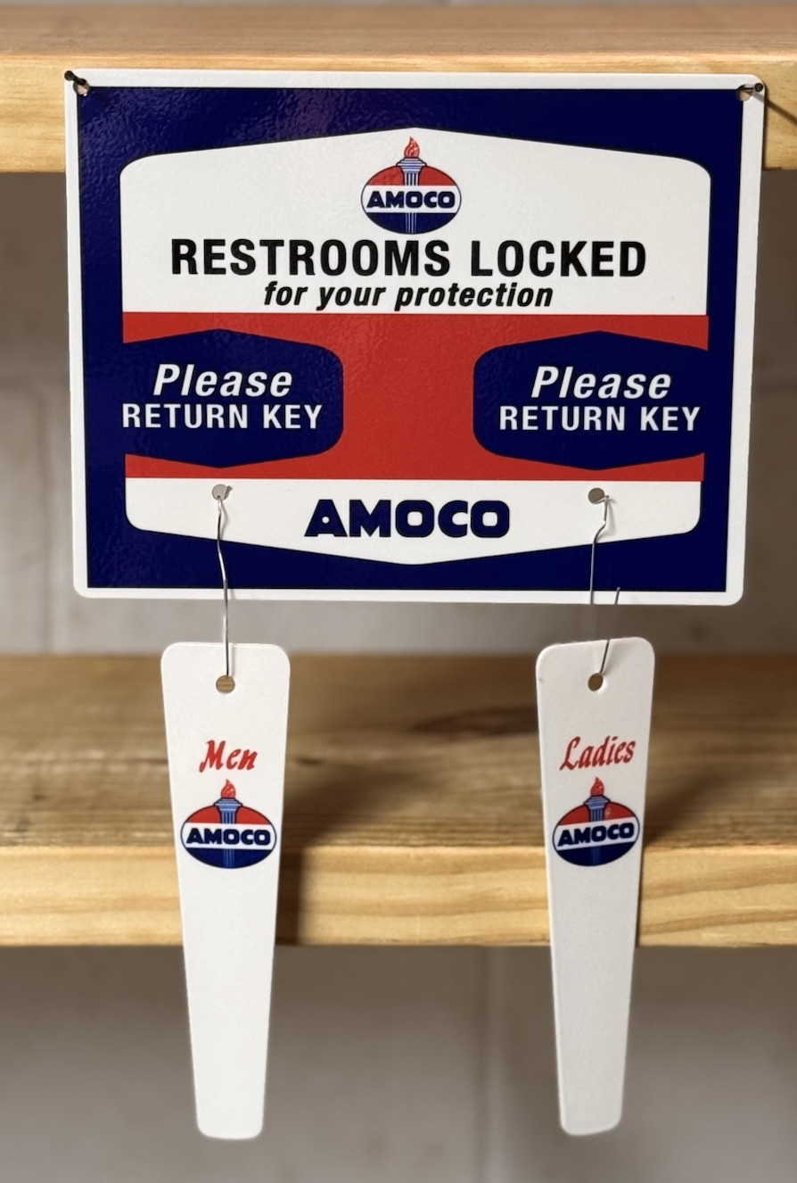 AMOCO GASOLINE RESTROOMS KEY HANGER WITH FOBS GAS OIL GARAGE STATION SIGN