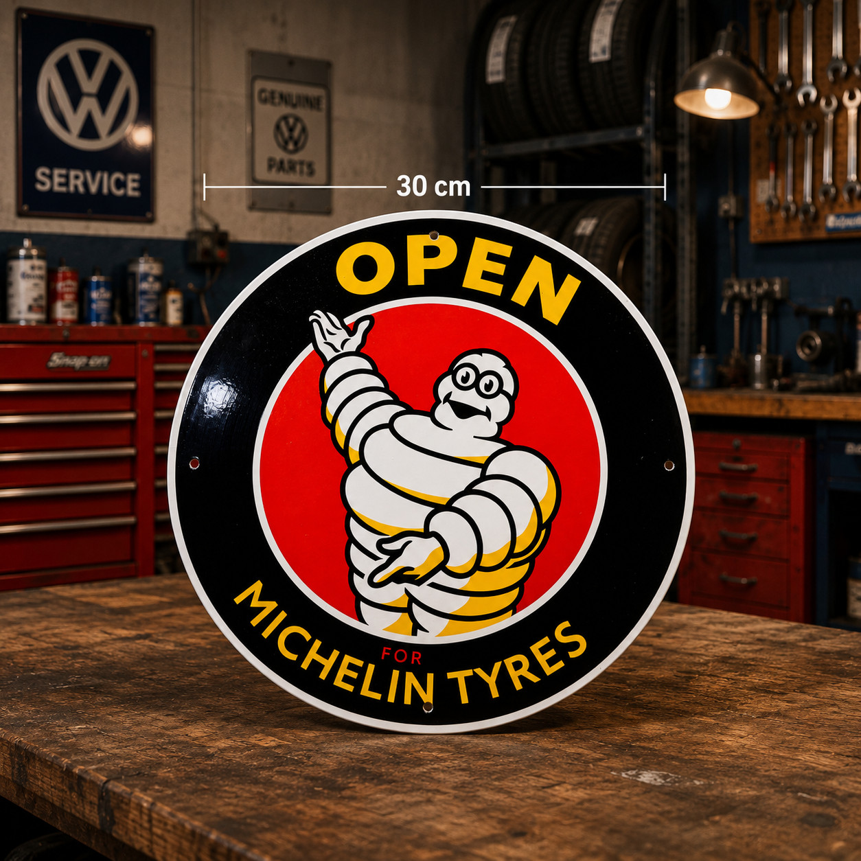 Michelin Bibendum “Open for Michelin Tyres” Heavy Metal Sign – 30 cm (11.8”)