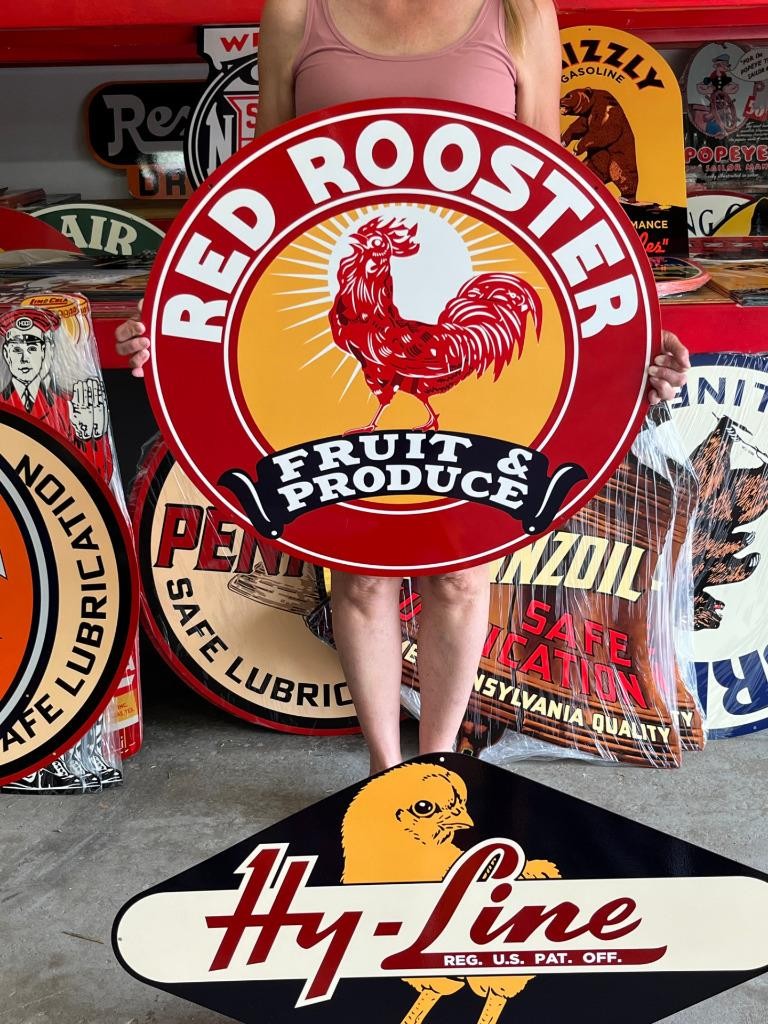 Vintage Old Style Sign Red Rooster Produce NOT Porcelain Made in USA 30×30