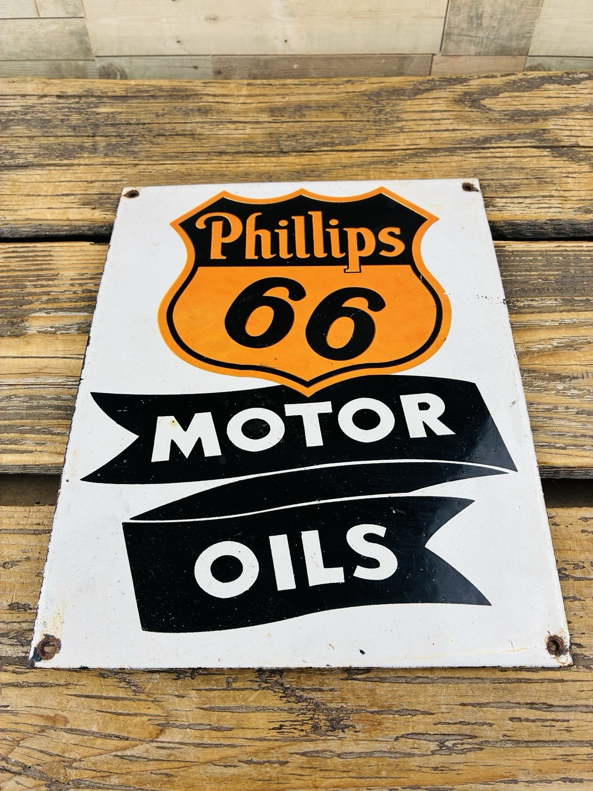 VINTAGE 10×8″ PHILLIPS 66 MOTOR OILS GASOLINE PUMP STATION PORCELAIN GAS AD SIGN